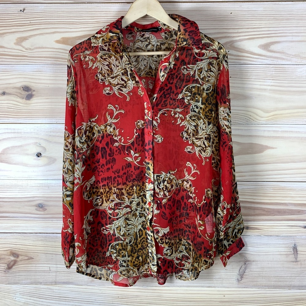 Pretty Little Thing Women Red Sheer Leopard Baroque Blouse Glam Mob Wife